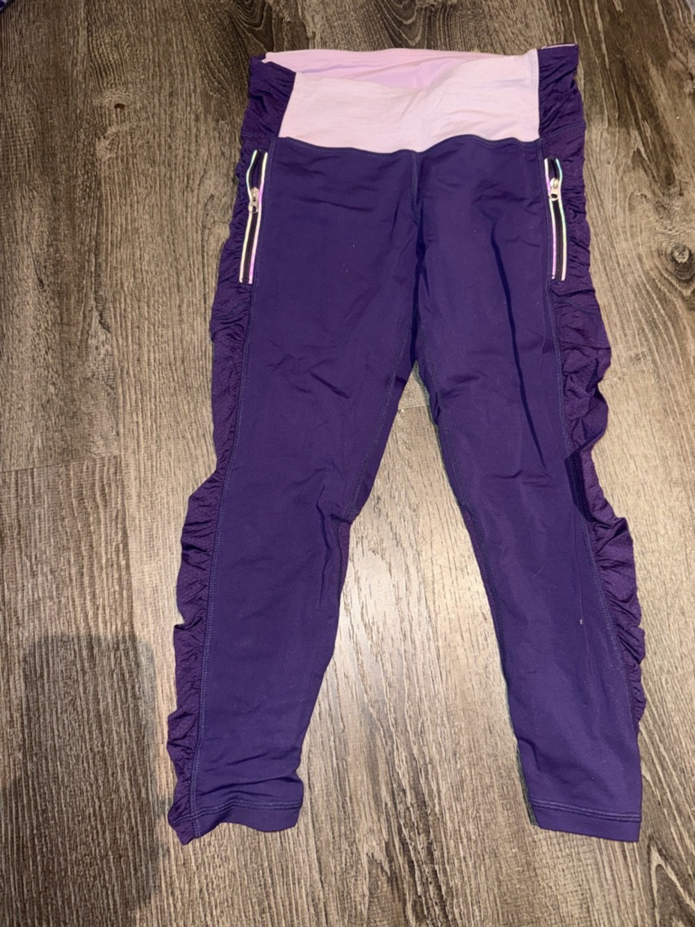 lululemon athletica Purple Leggings with Light Pink Waistband and Side Ruffles